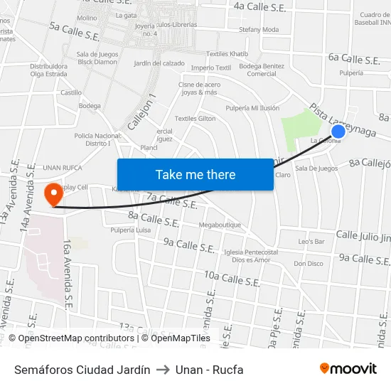 Semáforos Ciudad Jardín to Unan - Rucfa map