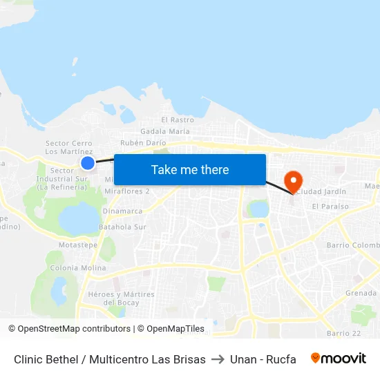 Clinic Bethel / Multicentro Las Brisas to Unan - Rucfa map