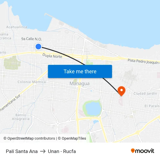 Palí Santa Ana to Unan - Rucfa map