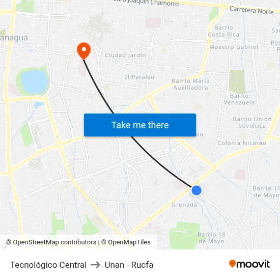 Tecnológico Central to Unan - Rucfa map