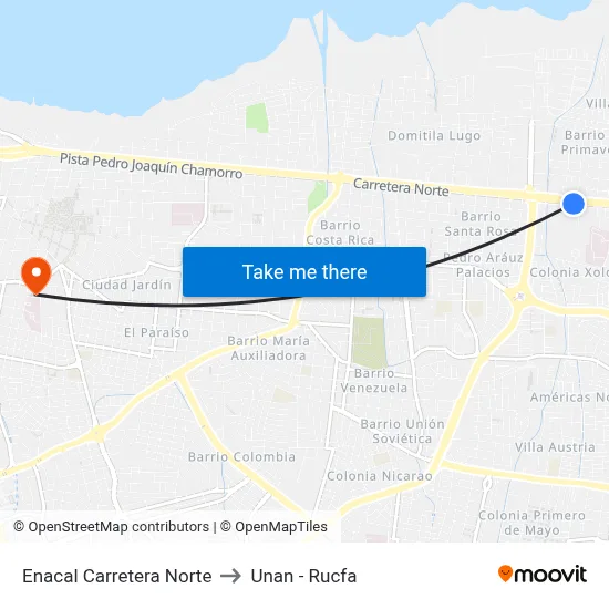 Enacal Carretera Norte to Unan - Rucfa map