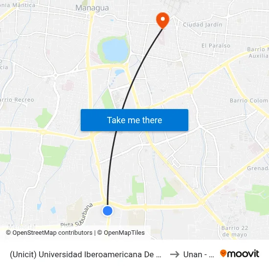 (Unicit) Universidad Iberoamericana De Ciencia Y Tecnología to Unan - Rucfa map