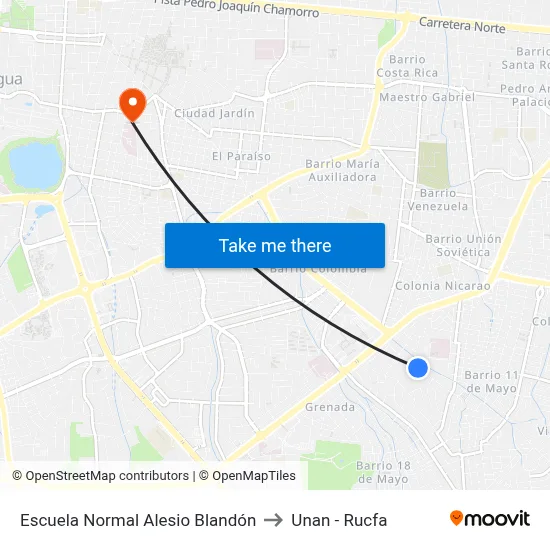 Escuela Normal Alesio Blandón to Unan - Rucfa map