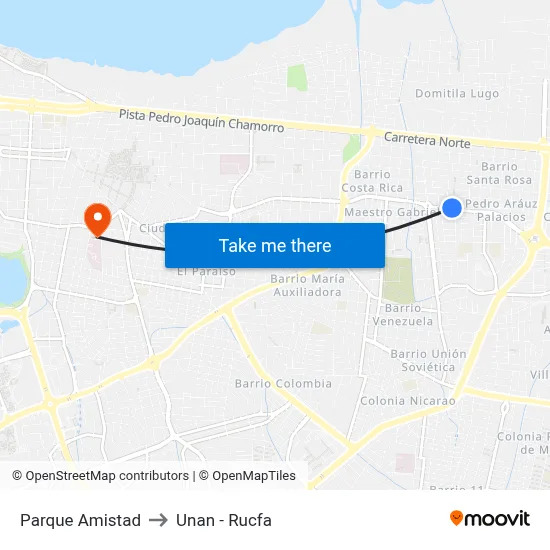 Parque Amistad to Unan - Rucfa map
