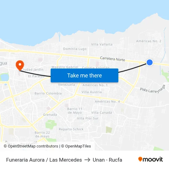 Funeraria Aurora / Las Mercedes to Unan - Rucfa map