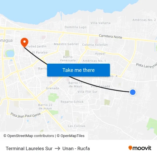 Terminal Laureles Sur to Unan - Rucfa map