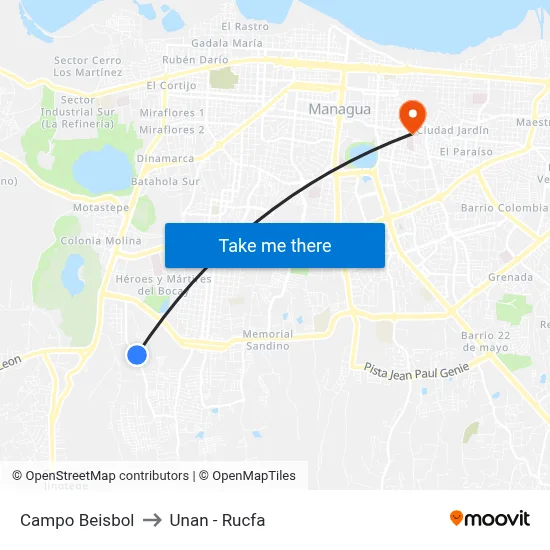 Campo Beisbol to Unan - Rucfa map
