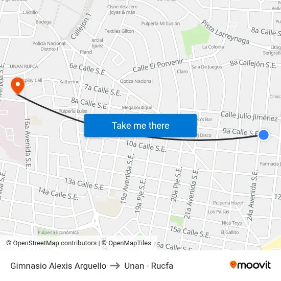 Gimnasio Alexis Arguello to Unan - Rucfa map