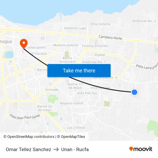 Omar Tellez Sanchez to Unan - Rucfa map