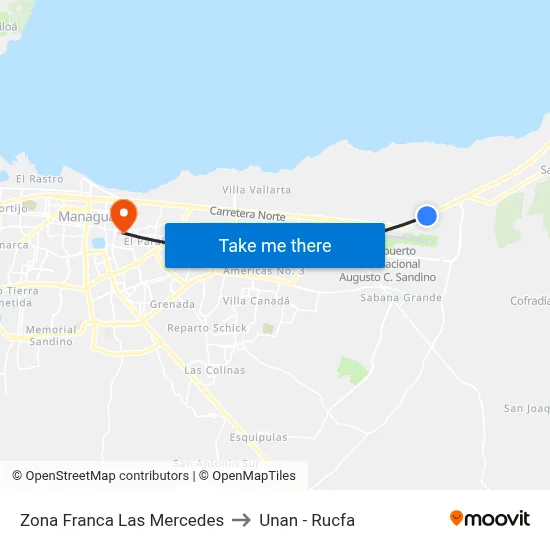 Zona Franca Las Mercedes to Unan - Rucfa map