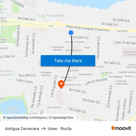 Antigua Cervecera to Unan - Rucfa map