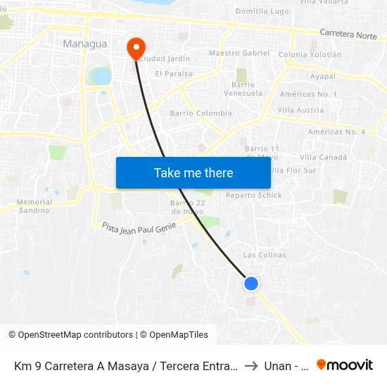 Km 9 Carretera A Masaya / Tercera Entrada A Santo Domingo to Unan - Rucfa map
