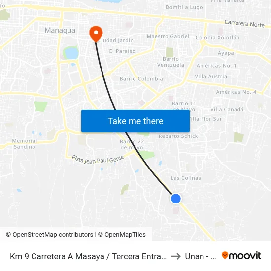 Km 9 Carretera A Masaya / Tercera Entrada A Santo Domingo to Unan - Rucfa map