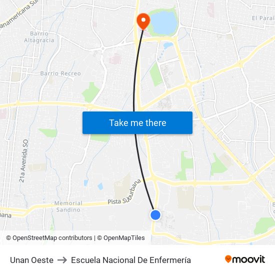 Unan Oeste to Escuela Nacional De Enfermería map