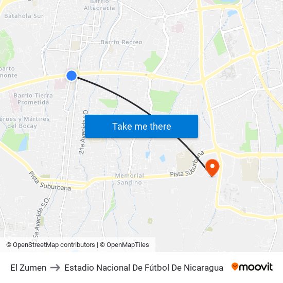 El Zumen to Estadio Nacional De Fútbol De Nicaragua map