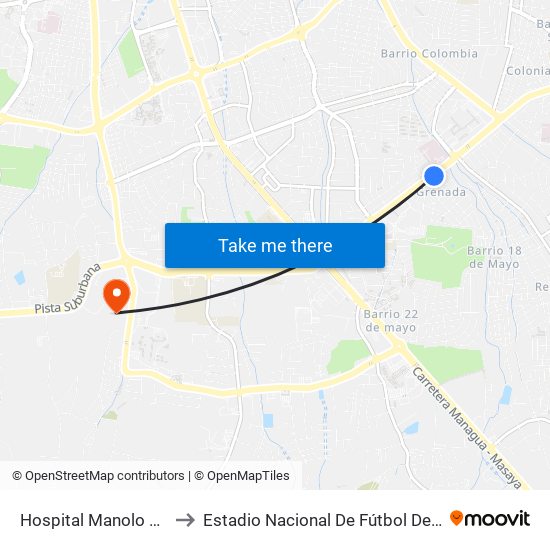 Hospital Manolo Morales to Estadio Nacional De Fútbol De Nicaragua map