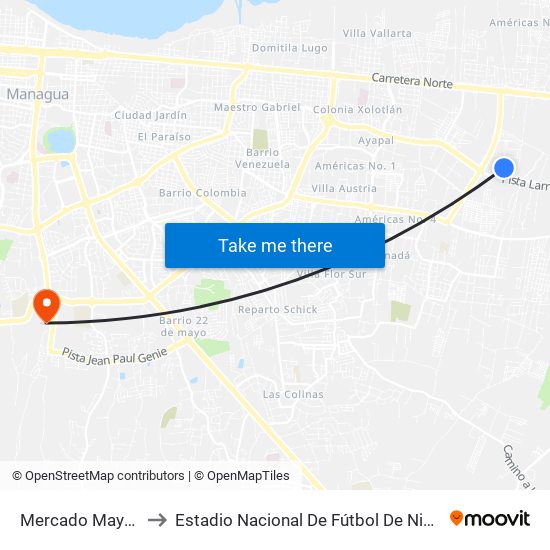 Mercado Mayoreo to Estadio Nacional De Fútbol De Nicaragua map