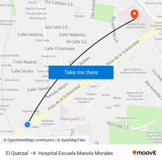 El Quetzal to Hospital Escuela Manolo Morales map