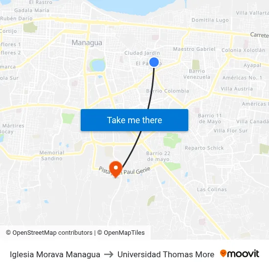 Iglesia Morava Managua to Universidad Thomas More map