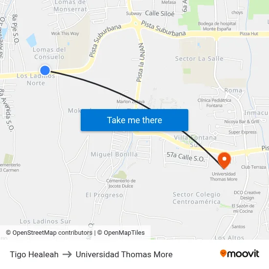 Tigo Healeah to Universidad Thomas More map