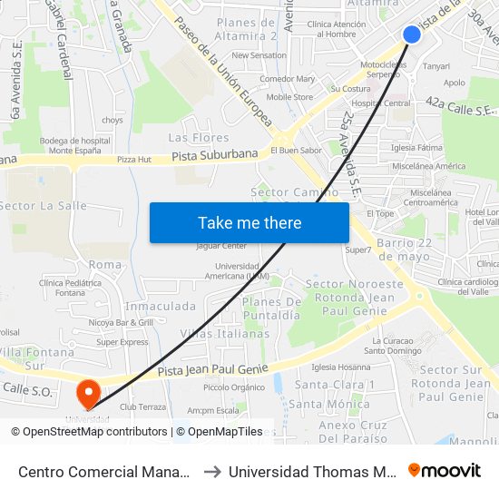 Centro Comercial Managua to Universidad Thomas More map