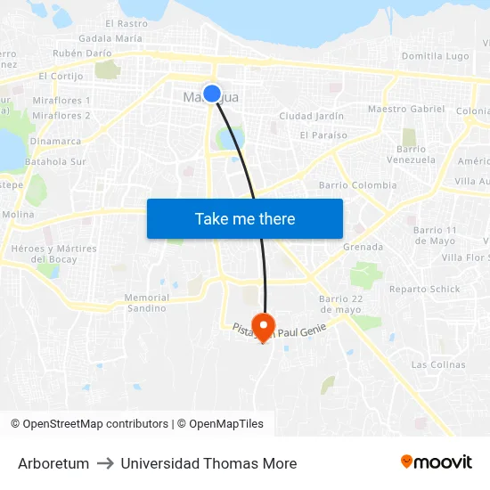 Arboretum to Universidad Thomas More map