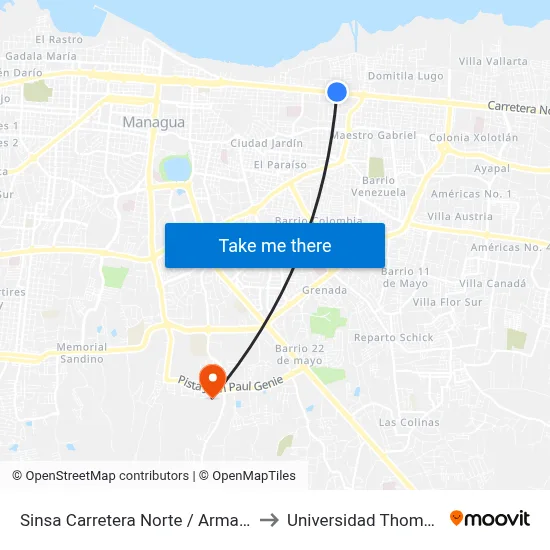 Sinsa Carretera Norte / Armando Guido to Universidad Thomas More map