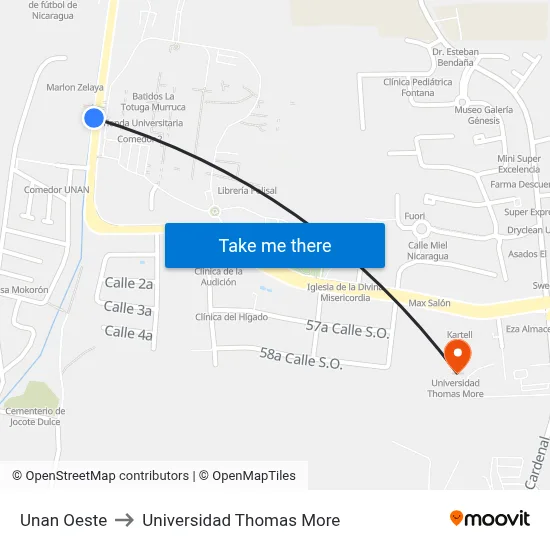Unan Oeste to Universidad Thomas More map