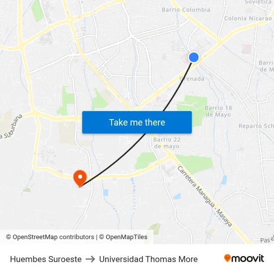 Huembes Suroeste to Universidad Thomas More map