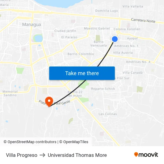 Villa Progreso to Universidad Thomas More map