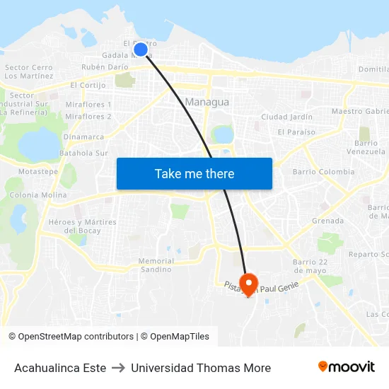 Acahualinca Este to Universidad Thomas More map
