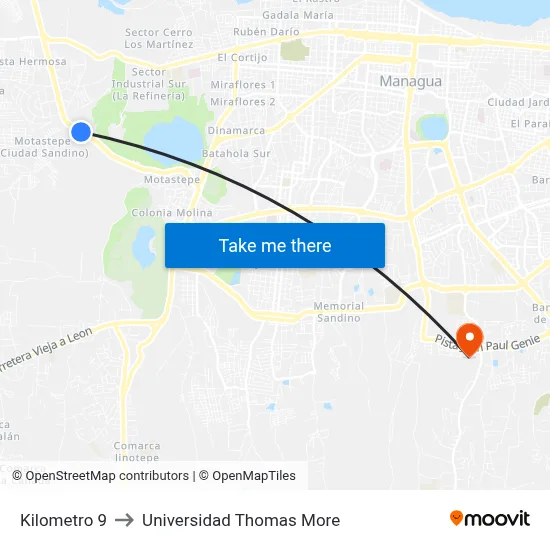 Kilometro 9 to Universidad Thomas More map