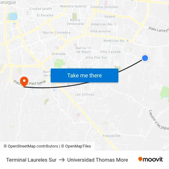 Terminal Laureles Sur to Universidad Thomas More map
