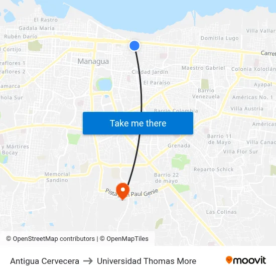 Antigua Cervecera to Universidad Thomas More map