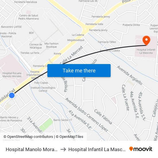 Hospital Manolo Morales to Hospital Infantil La Mascota map