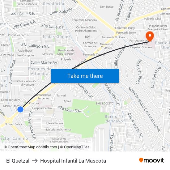 El Quetzal to Hospital Infantil La Mascota map