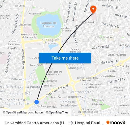 Universidad Centro Americana (Uca) to Hospital Bautista map