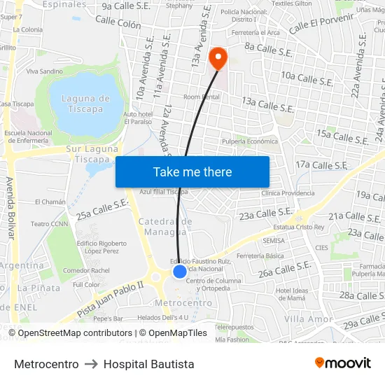 Metrocentro to Hospital Bautista map