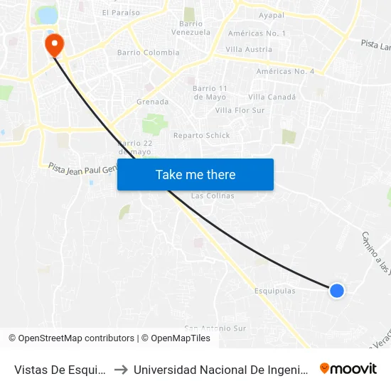 Vistas De Esquipulas to Universidad Nacional De Ingenieria (Uni) map
