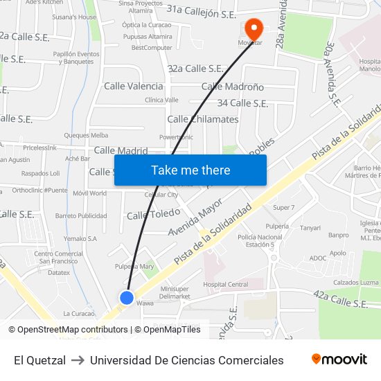 El Quetzal to Universidad De Ciencias Comerciales map