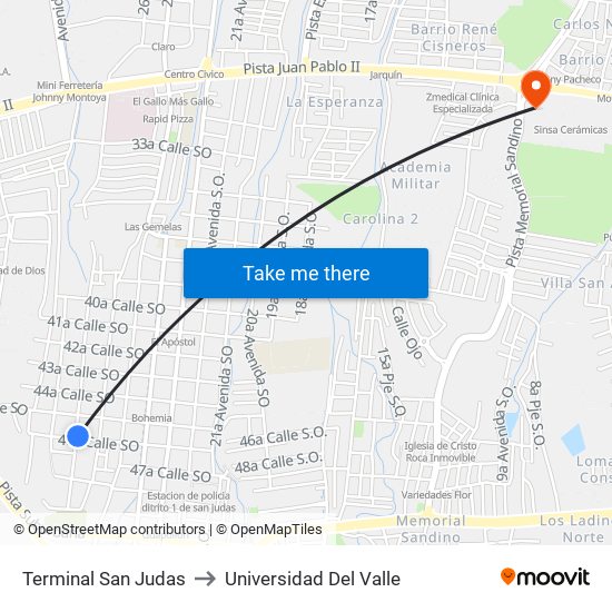 Terminal San Judas to Universidad Del Valle map