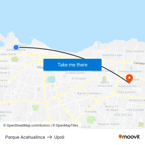 Parque Acahualinca to Upoli map