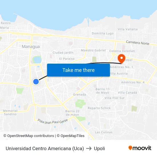 Universidad Centro Americana (Uca) to Upoli map