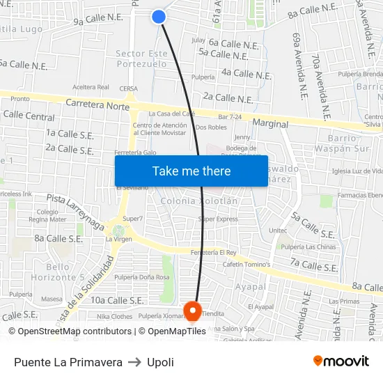 Puente La Primavera to Upoli map