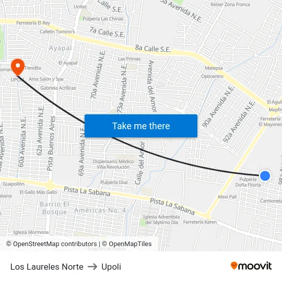 Los Laureles Norte to Upoli map
