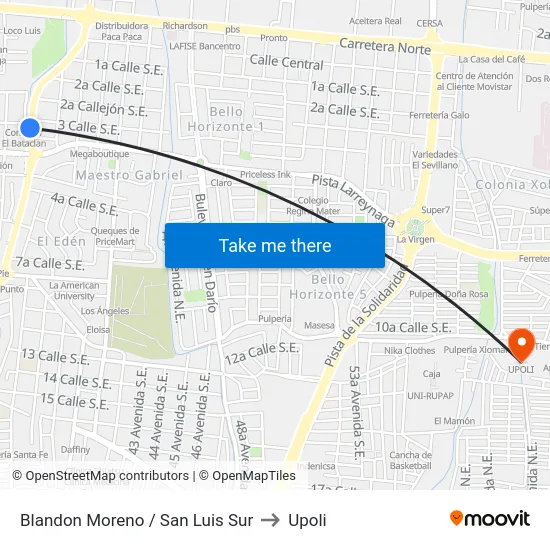 Blandon Moreno / San Luis Sur to Upoli map
