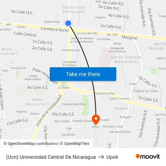 (Ucn) Universidad Central De Nicaragua to Upoli map