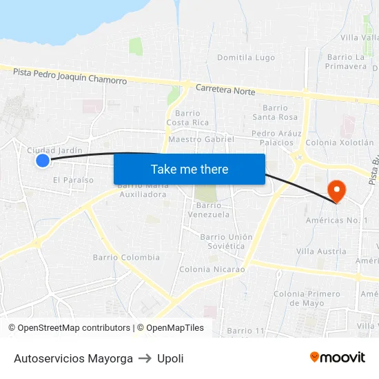 Autoservicios Mayorga to Upoli map