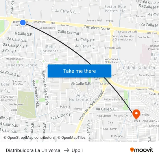 Distribuidora La Universal to Upoli map