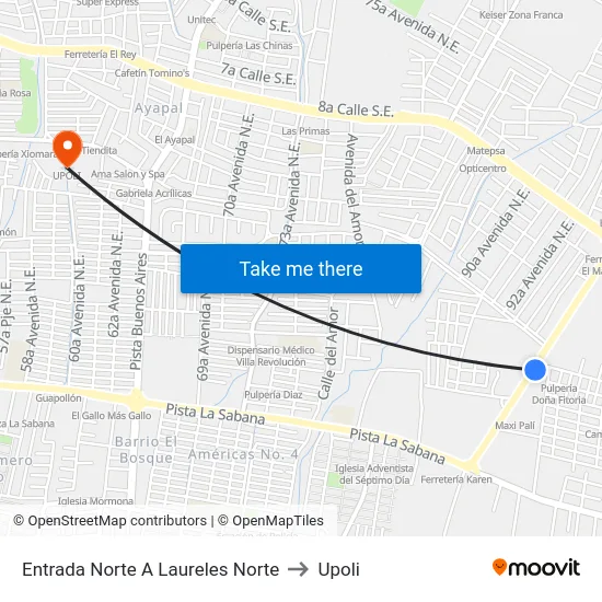 Entrada Norte A Laureles Norte to Upoli map